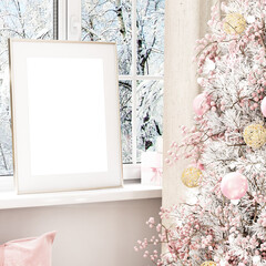 Mockup, Christmas frame mockup near the window in white and pink colors