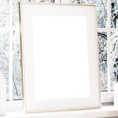 Christmas mockup frame on the wall in white-pink colors