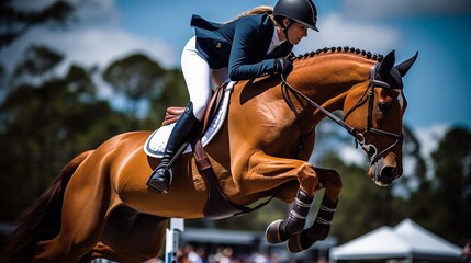 Action-Packed Equestrian Show Jumping with Horse and Rider - obrazy, fototapety, plakaty