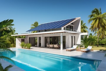 A sleek, modern house featuring solar panels, set against a backdrop of a clear, vivid blue sky, symbolizing sustainable living.