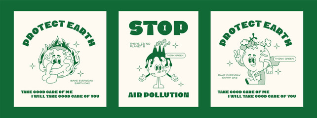 Set retro posters earth ecology.  Mascot character walking Earth planet, save planet, global warming hippy vintage comic vector set. Earth day, protection environment isolated on background