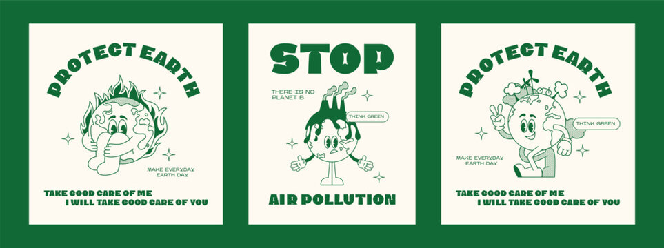 Set retro posters earth ecology.  Mascot character walking Earth planet, save planet, global warming hippy vintage comic vector set. Earth day, protection environment isolated on background