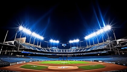Eerie and deserted baseball stadium with an immaculate diamond illuminated by vibrant spotlights - obrazy, fototapety, plakaty