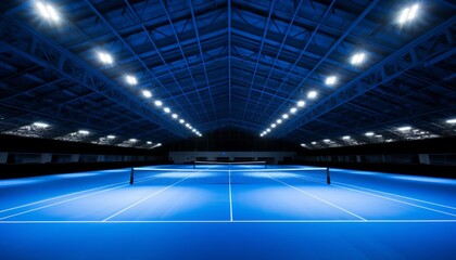 captivating image of an empty tennis court illuminated by the serene solitude of a grand stadium - obrazy, fototapety, plakaty