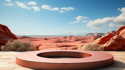 Desert oasis podium showcasing serene dunes, coastal backdrop, with natural elements and stones against a clear blue sky.