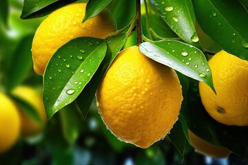 Citrus bounty. Fresh lemons and limes on sunlit branch. Harvest delight. Ripe citrus fruits hanging from tree. Sunny grove. Vibrant oranges and lemon in nature - obrazy, fototapety, plakaty