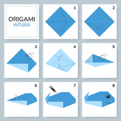 Whale origami scheme tutorial moving model. Origami for kids. Step by step how to make a cute origami marine animal. Vector illustration. - obrazy, fototapety, plakaty