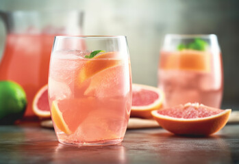 Cold grapefruit spritzer served with ice cubes and fresh mint, perfect for a summer refreshment.