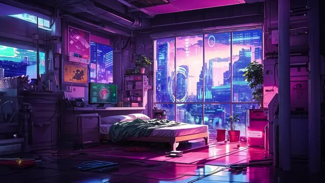 Bedroom sci fi cyberpunk background loop