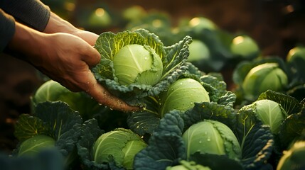 Hands holding ripe cabbage in the field - obrazy, fototapety, plakaty