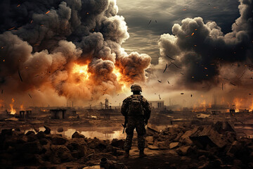 Soldier fighting a war on a battlefield - obrazy, fototapety, plakaty