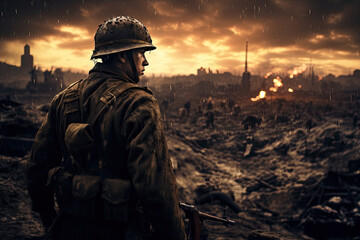 Soldier fighting a war on a battlefield - obrazy, fototapety, plakaty