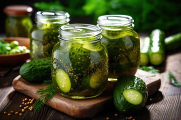 Pickled Cucumbers on a Wooden Table 