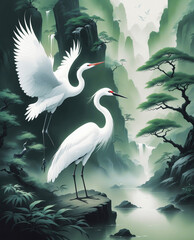 Fototapeta premium white crane birds couple at the lake asian style painting