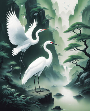 white crane birds couple at the lake asian style painting