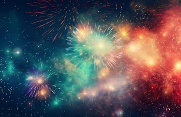 Fototapeta premium Colorful fireworks explode in the night sky with red, blue, green, and pink lights.