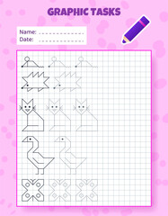 Drawing by cells. Educational game for preschool children. Worksheets for practicing logic and motor skills. Game for kids. Graphic tasks with different objects and elements. Vector illustration © Iuliia Savko