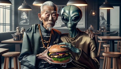 Alien and Asian old man having burger at cafe