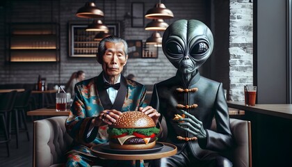 Alien and Asian old man having burger at cafe