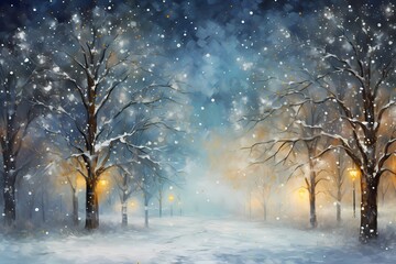 Trees with twinkling lights are covered in snow, glowing warmly in a magical winter night.