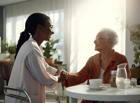 A Young Doctor Is Happily Shaking Hands With An Older Woman At A Table In A Sunny Room.