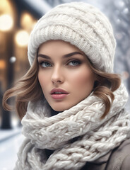 Beautiful young woman in warm winter clothes outdoors in winter. Winter Elegance: Stylish Fashion in a Snowy Wonderland. generative AI