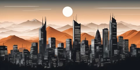 Fotobehang stylized modern city skyline sunset banner background © magann