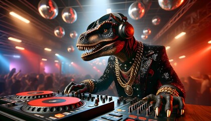 Fototapeta na wymiar Anthropomorphic dinosaur as dj in the nightclub