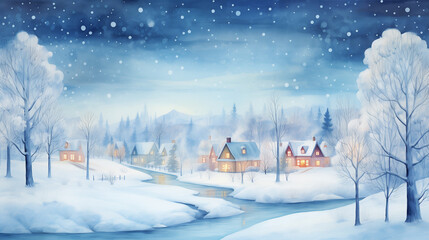 Christmas village painting with snowy trees. Christmas card background frame, illustration with copy space
