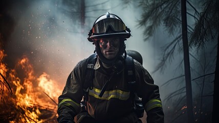 Fototapeta premium A firefighter in front of a blazing forest fire, smoke billowing around