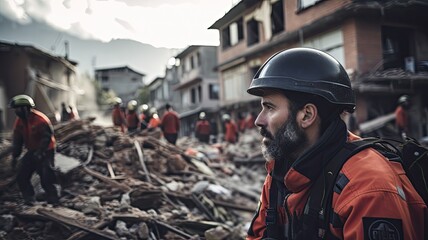 A rescue worker looks on at the aftermath of a building collapse, with his team behind - obrazy, fototapety, plakaty