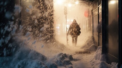 A person clears snow from a subway entrance during a heavy blizzard at night