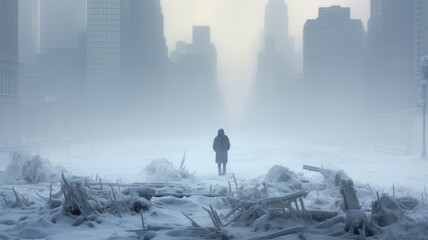 A lone individual stands amidst a snow-covered, debris-strewn urban landscape
