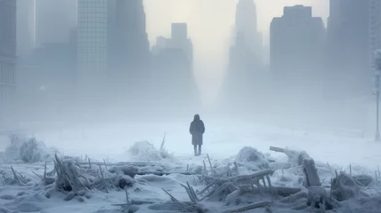 Foto op Aluminium A lone individual stands amidst a snow-covered, debris-strewn urban landscape © Artyom