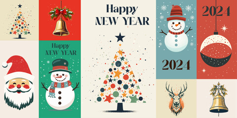 Happy New Year 2024, poster. Xmas templates with typography and season wishes in modern minimalist style. Vector illustration