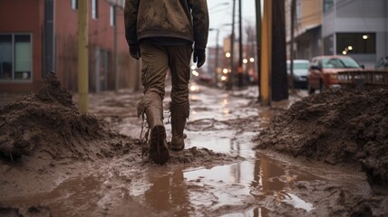 Person walking through a muddy city street, with dirty boots and a reflection in a puddle