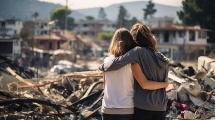 Fototapeta na wymiar Two people embracing while observing the ruins of a neighborhood after a disaster, with a focus on emotional support
