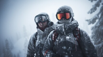 Naklejka premium Two snowboarders in heavy snow, with goggles and winter gear, facing harsh weather on a snow-covered mountain