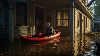 Man in a red canoe outside a flooded home, navigating through the floodwaters in a suburban area