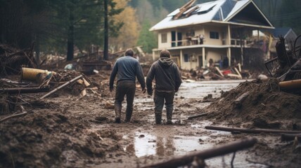 Two individuals walking hand in hand amidst the devastation of a muddy flood, with a damaged house in the background