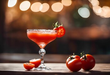 a cocktail glass and two tomatoes on a wooden table in the sun - obrazy, fototapety, plakaty