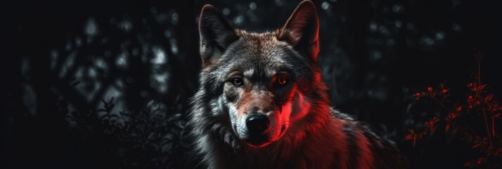 A wolf with red eyes during a full moon - obrazy, fototapety, plakaty