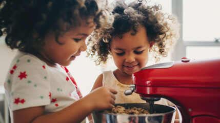 Sweet Moments: Young Chefs Mixing Up Cookie Magic
In a cozy kitchen, two young chefs are hard at work, blending ingredients and crafting delightful cookies. - obrazy, fototapety, plakaty