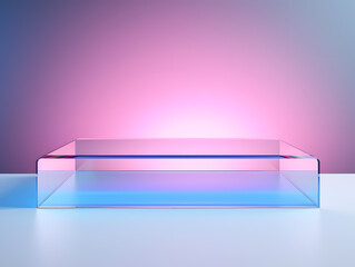 Empty glass showcase for product presentation. blue and pink glow, 3d render. Abstract background.