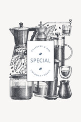Alternative Coffee Makers Illustration. Vector Hand Drawn Specialty Coffee Equipment Banner. Vintage Style Coffee Bar Design