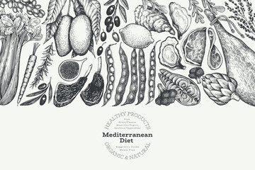 Mediterranean Cuisine Design Template. Vector Hand Drawn Healthy Food Banner. Vintage Style Menu Illustration. - 677120299