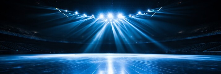 Title majestic empty basketball court illuminated by brilliant white lights in a vast arena - obrazy, fototapety, plakaty