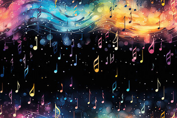 musical seamless pattern with multicolored rainbow notes, keys and signs on black background