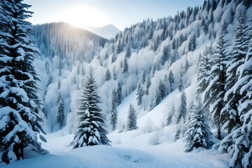 Fototapeta na wymiar Snow covered trees in the mountains with snow flakes falling