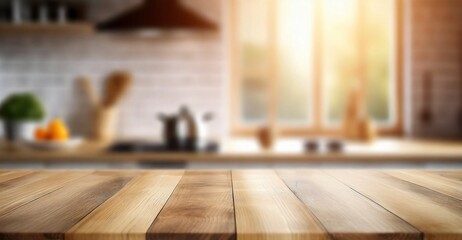 Clear and bright modern kitchen interior background with a beautifully emptied wood table top counter and blurred bokeh, ready for product montage.